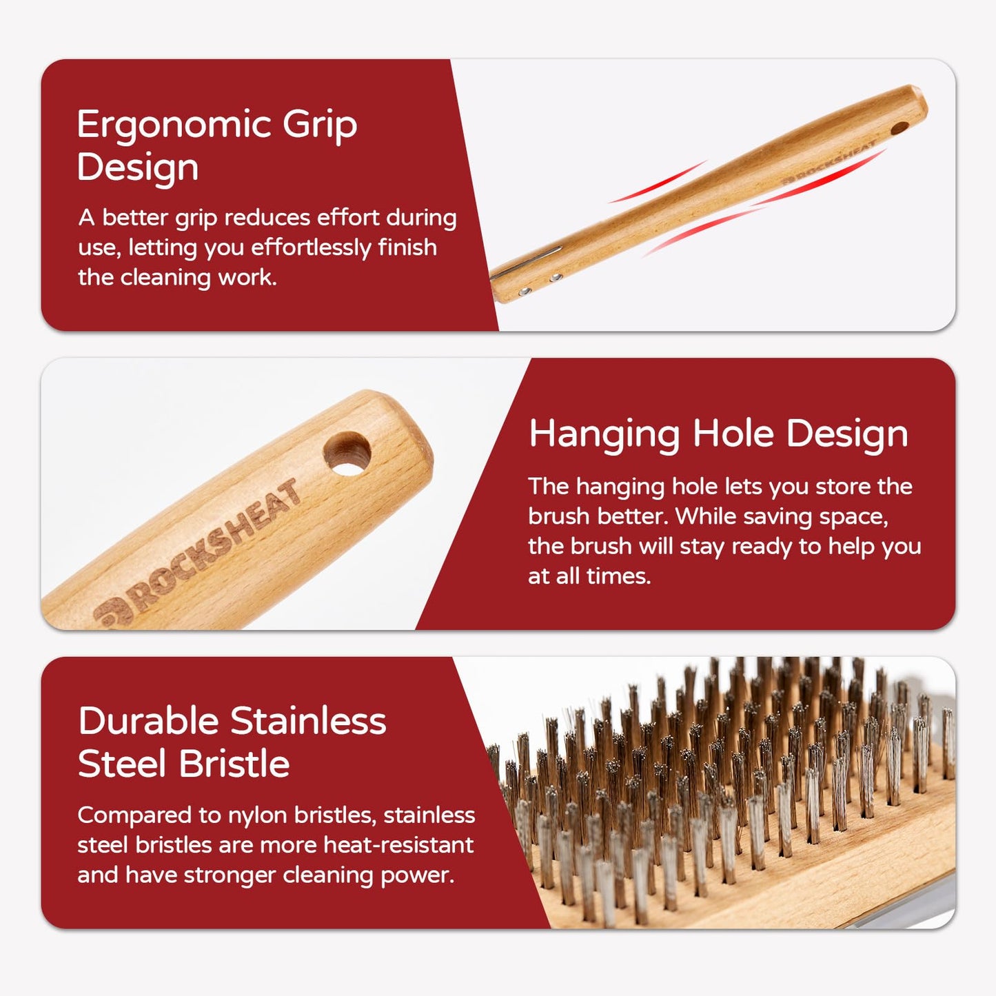 ROCKSHEAT Pizza Oven Brush, 16.9 Inch Grill Cleaning Brush with Scraper, Stainless Steel Bristles with Beech Wood Handle, 2 in 1 Pizza Stones Brush, Ourdoor Pizza Oven Accessories, Heat Resistant