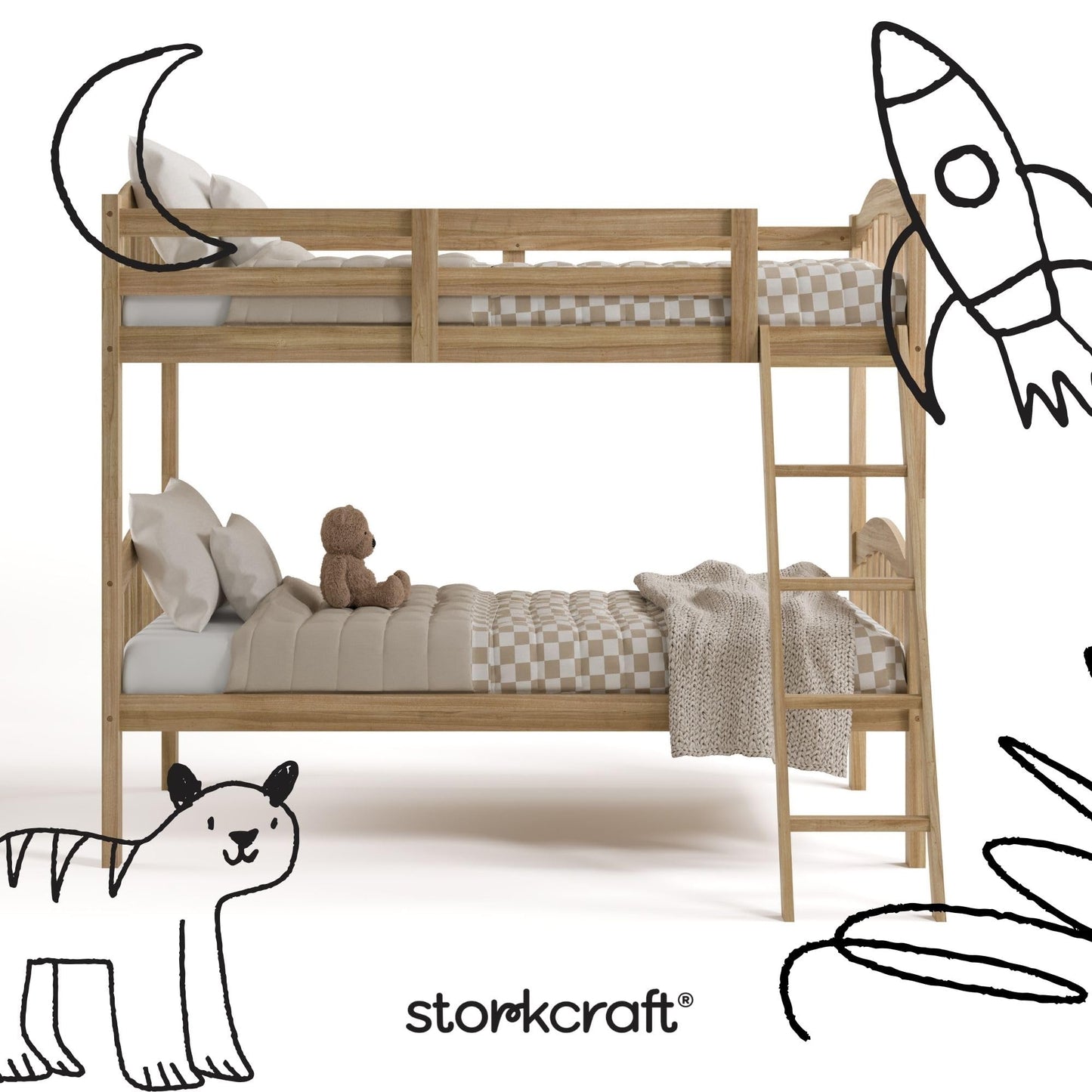 Storkcraft Long Horn Twin-Over-Twin Bunk Bed (Natural) - GREENGUARD Gold Certified, Converts to 2 Individual Twin beds