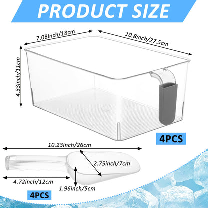 2 Set Ice Storage Bins for Freezer with Lid and Flexible Scoop, Transparent Plastic Ice Container with Pull-Out Handle Kitchen Food Storage Organizer for Home Office Fridge Kitchen