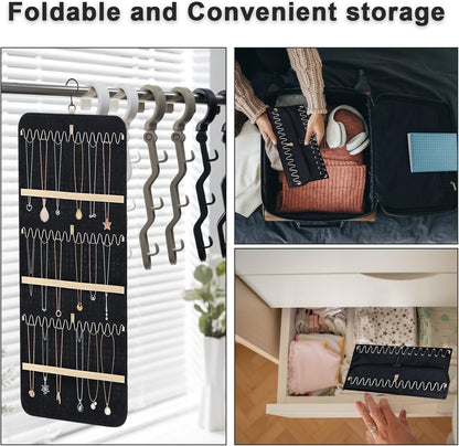 Hanging Jewelry Organizer - Double Sided with 32/48 Pockets, 14/21 Hook Loops, Foldable Travel Jewelry Roll