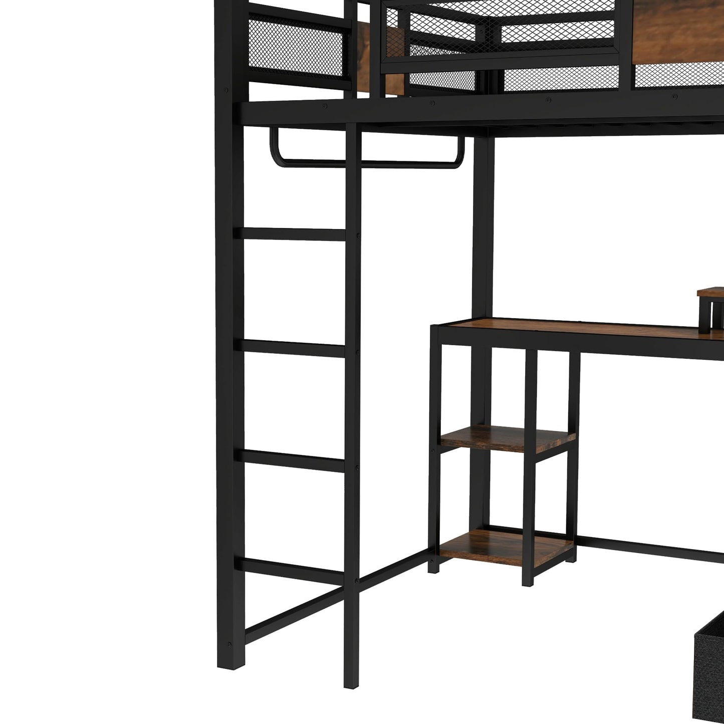 Bellemave Queen Loft Bed with Desk and Fabric Drawer, Metal Queen Size Loft Bed Frame with guardrail and Ladder for Adults, Kids, Teens, Black
