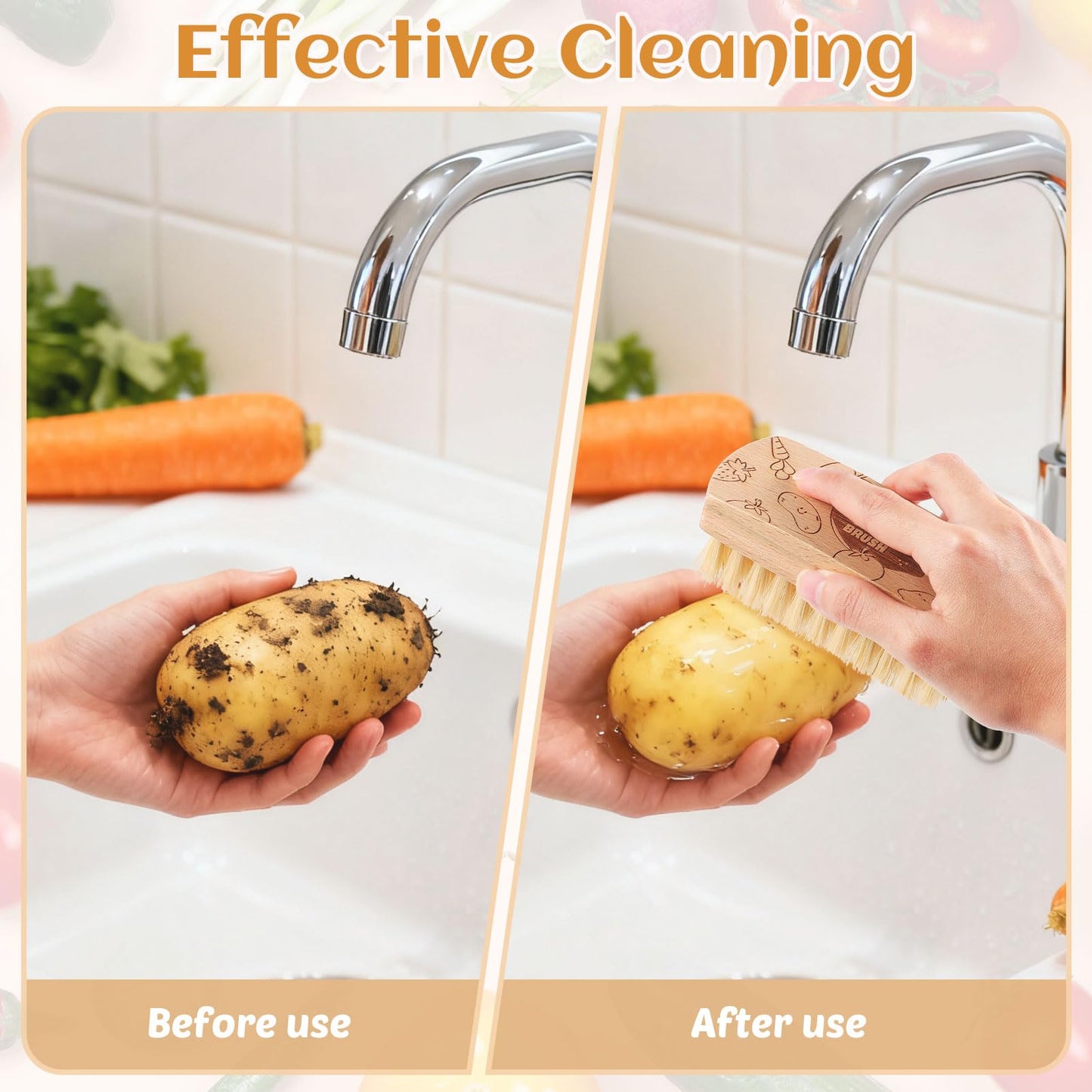 Vegetable and Fruit Cleaning Brush Scrubber Beechwood Handle Fruits Veggie Wash Brushes Potato Carrot Cucumber Mushrooms Washing Cleaner(Beige, 2)