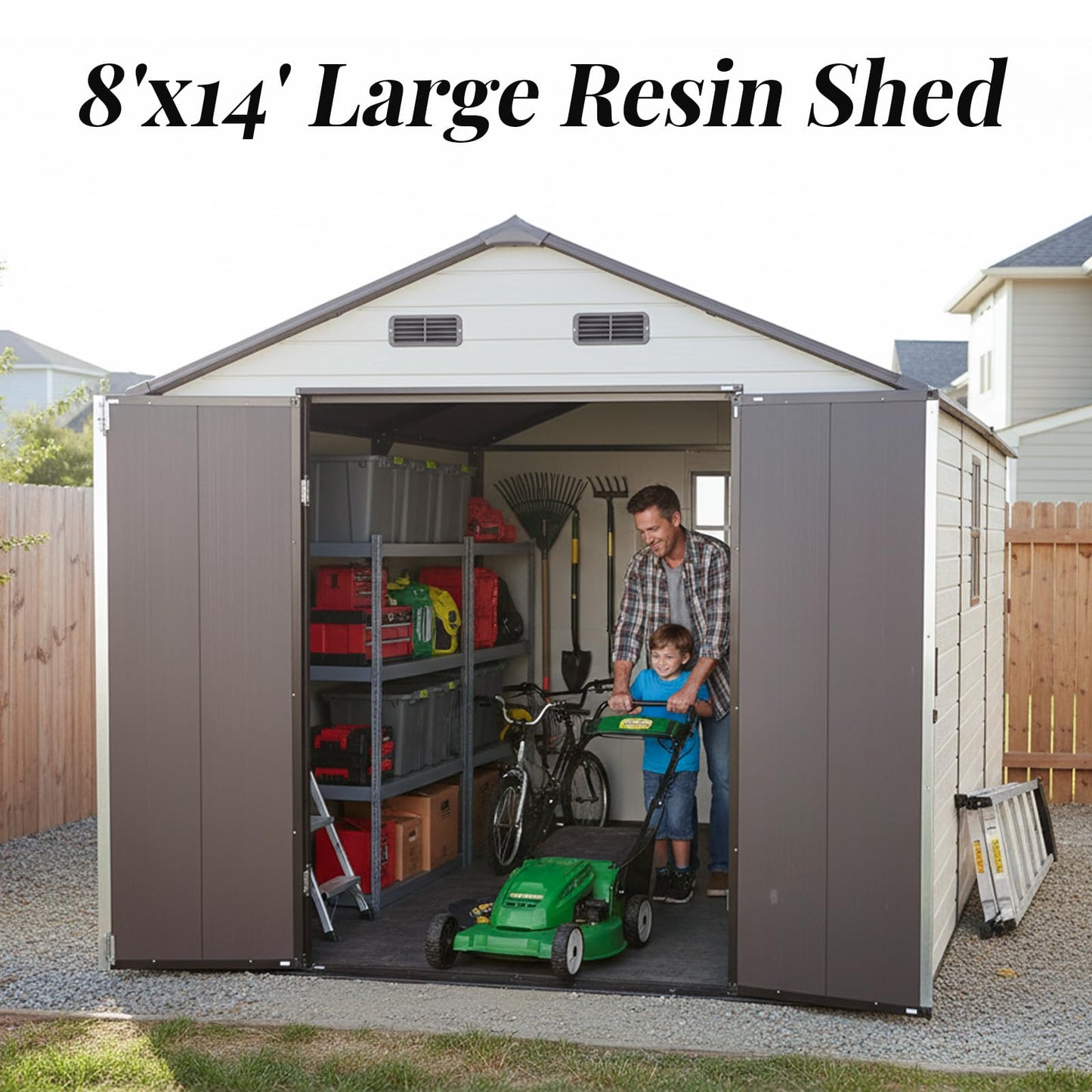 FammyLoft 8x14 FT Resin Storage Shed with Floor, Lockable Outdoor Storage with Vents, 2 Windows, Aluminum Frame for Backyard Garden Patio Lawn, All-Weather Use (Brown+White)