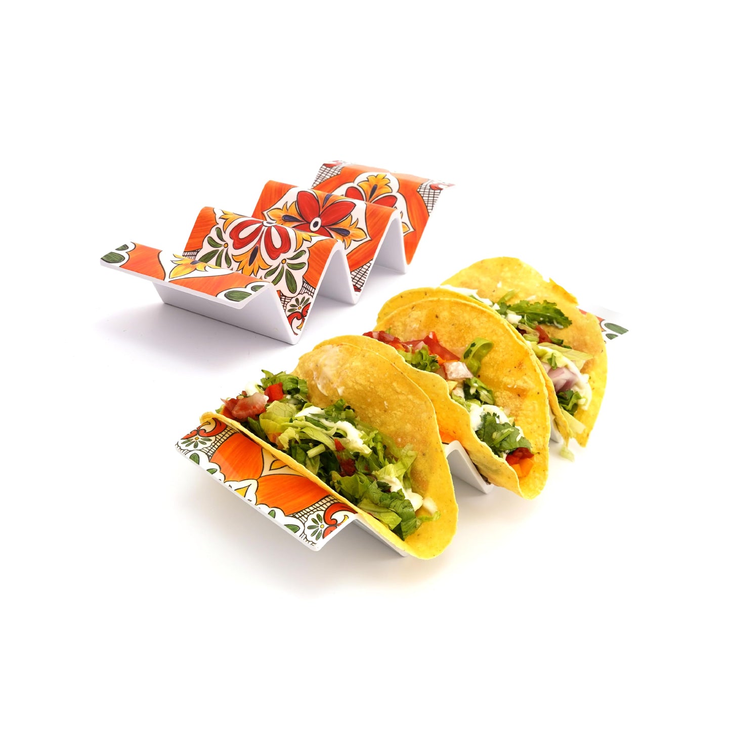 TP Taco Holder Stands, Set of 2 Melamine Large Taco Serving Rack Tray with Handle, Holds 3 Tacos, Dishwasher Safe, Ideal for Taco Night, Party, Home, Fiesta, Talavera Bloom