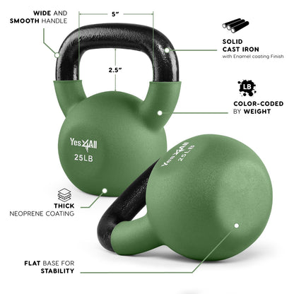 Yes4All Kettlebell, 5-65 LB Neoprene Coated Cast Iron Kettlebells, Wide Grip Handle & Flat Bottom for Swings, Squats, Deadlifts, Push Ups & Full Body Training at Home Gym - Single & Set