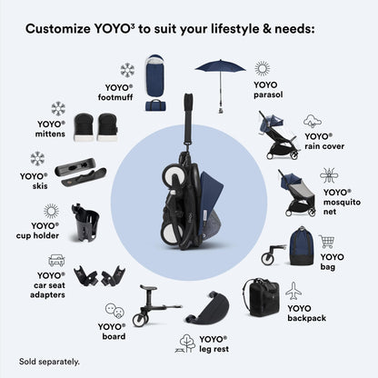 Stokke YOYO3 Stroller from 6 Months - Includes Black Frame/Air France Blue Seat Cushion + Canopy - Folds in & Out in a Flash - Light & Compact - Carry-On Compatible