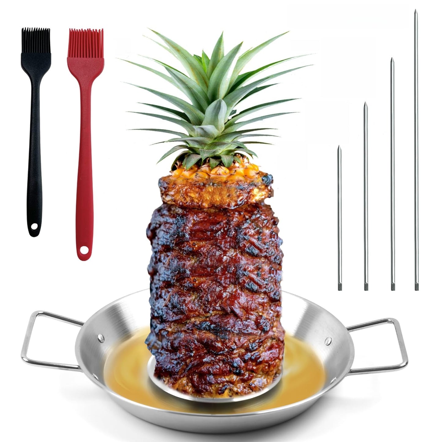 Fengzhe Al Pastor Skewer for Grill: Extra Large 13" Stainless Steel Vertical Skewer, Brazilian Spit Stand with 4 Spikes, 2 Brushes, for Tacos Al Pastor, Shawarma, Kebabs, with Fat Separator Tray