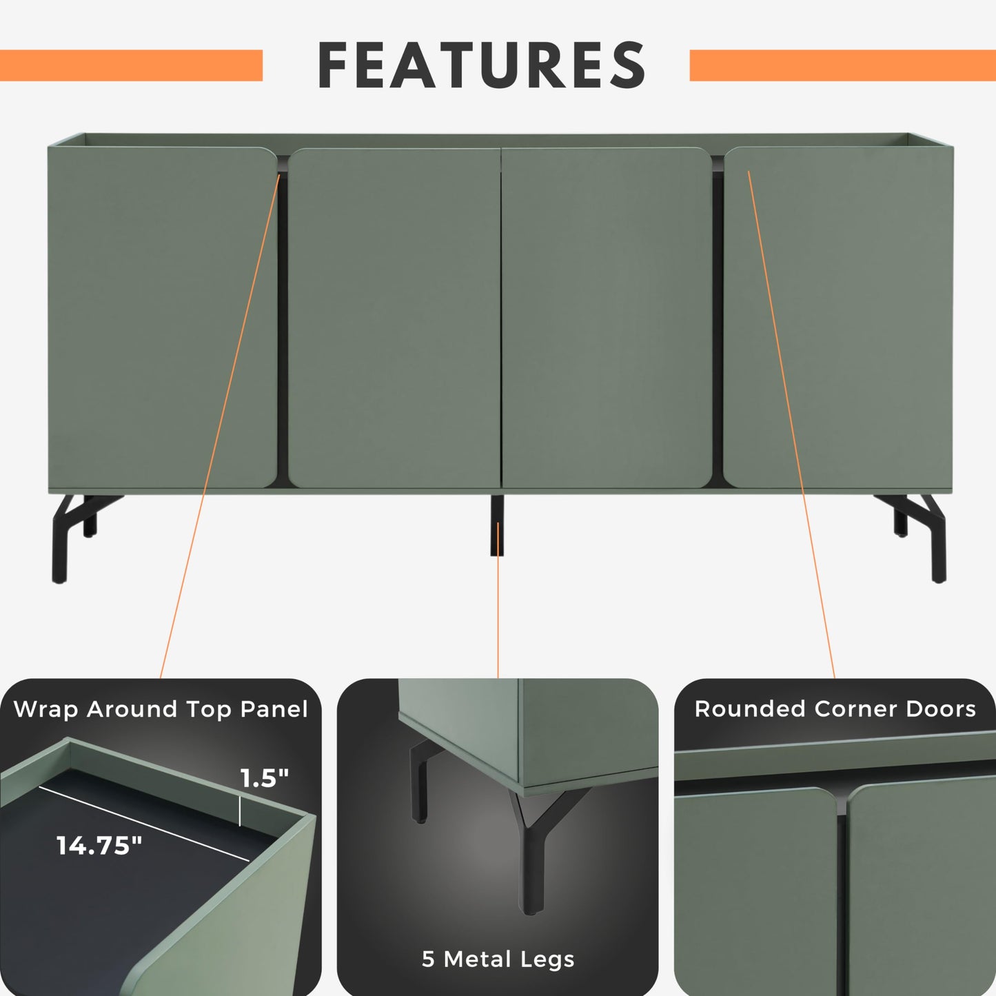 24/7 Shop at Home Elwin 60" Modern Sideboard Buffet, Storage Cabinet with Doors and Adjustable Shelves for Dining, Living Room, Kitchen, Entryway, Office, Sage Green & Black
