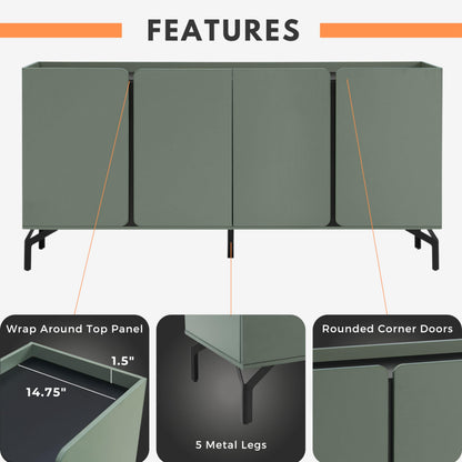 24/7 Shop at Home Elwin 60" Modern Sideboard Buffet, Storage Cabinet with Doors and Adjustable Shelves for Dining, Living Room, Kitchen, Entryway, Office, Sage Green & Black