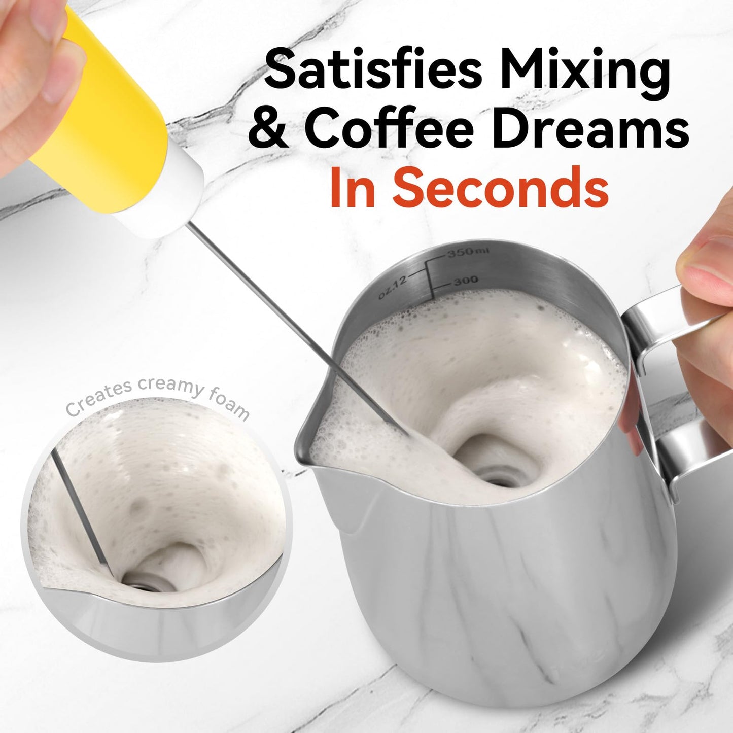 Commonfrog Powerful Milk Frother for Coffee, Fast Handheld Drink Mixer with Stainless Steel Whisk, Battery Operated Hand Frother Stirrer Wand-stand- yellow