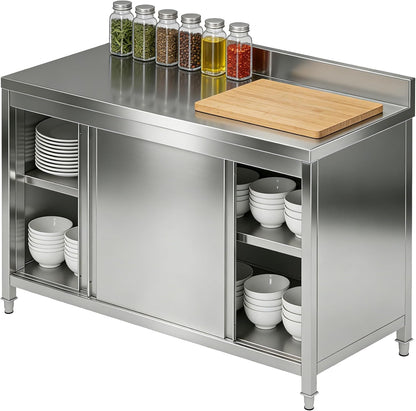 Zumic Stainless Steel Table, Metal Worktable with 2 Shelves, Kitchen Chefs Work Prep Table with Sliding Door, Mesa de Acero Inoxidable for Restaurant, Home, Garage, Laundry