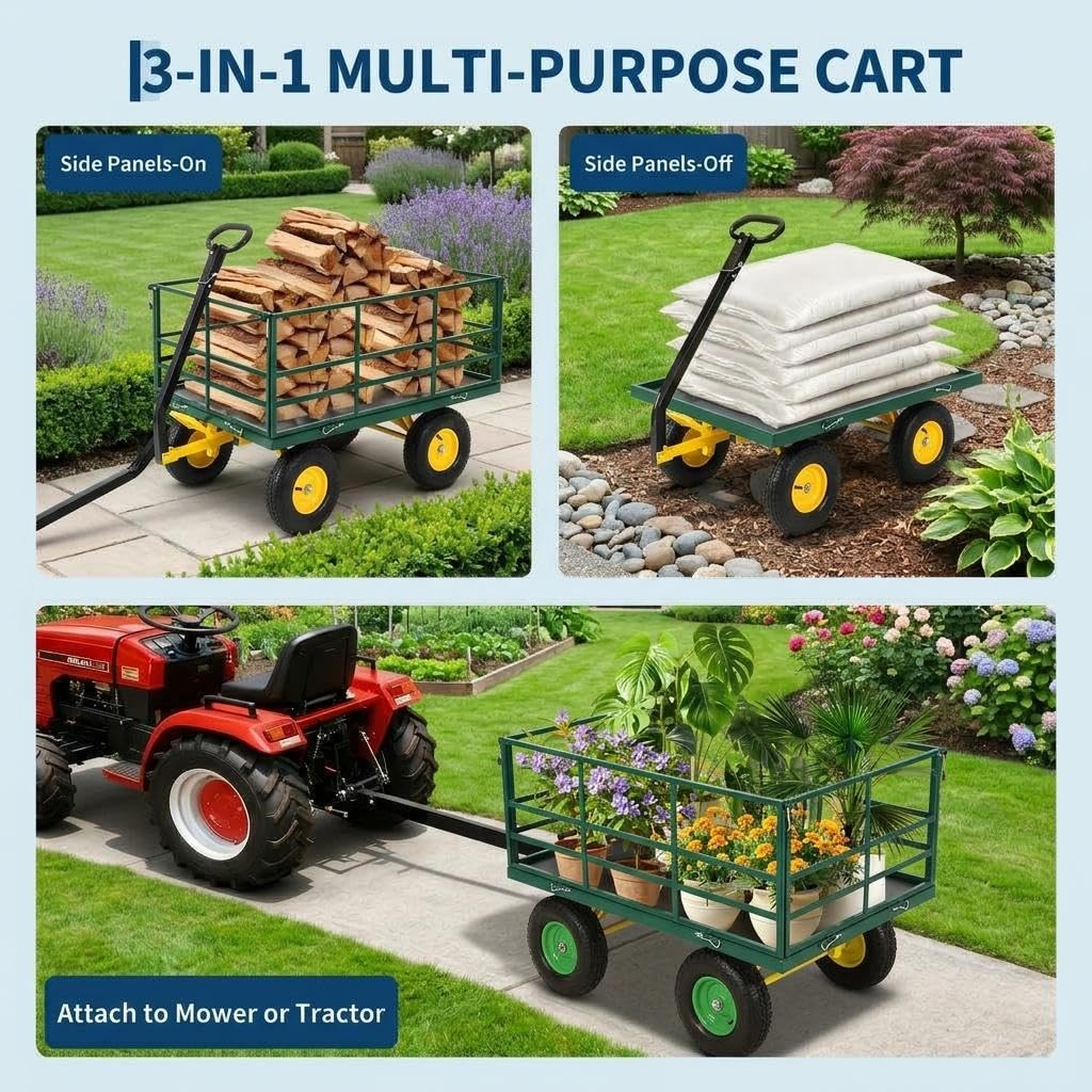 4-in-1 Heavy Duty Steel Garden Yard Cart - 1500 lbs Capacity - 13 Inch All-Terrain Wheels - Removable Mesh Sides - Dark Green Frame, Yellow Hubs, Black Handlebars