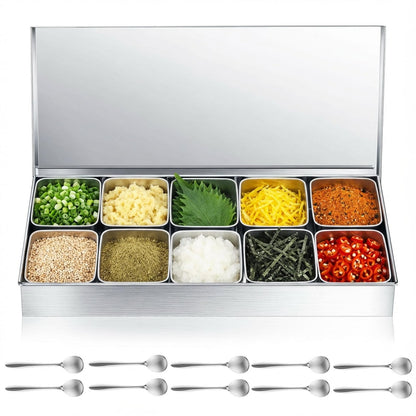 Boao 10 Compartment 304 Yakumi Pans Stainless Steel Seasoning Condiment Container with Lids Spoons, Japanese Yakumi Pans Mini Sauces Salad Dressings Storage for Food, Herbs, Spices