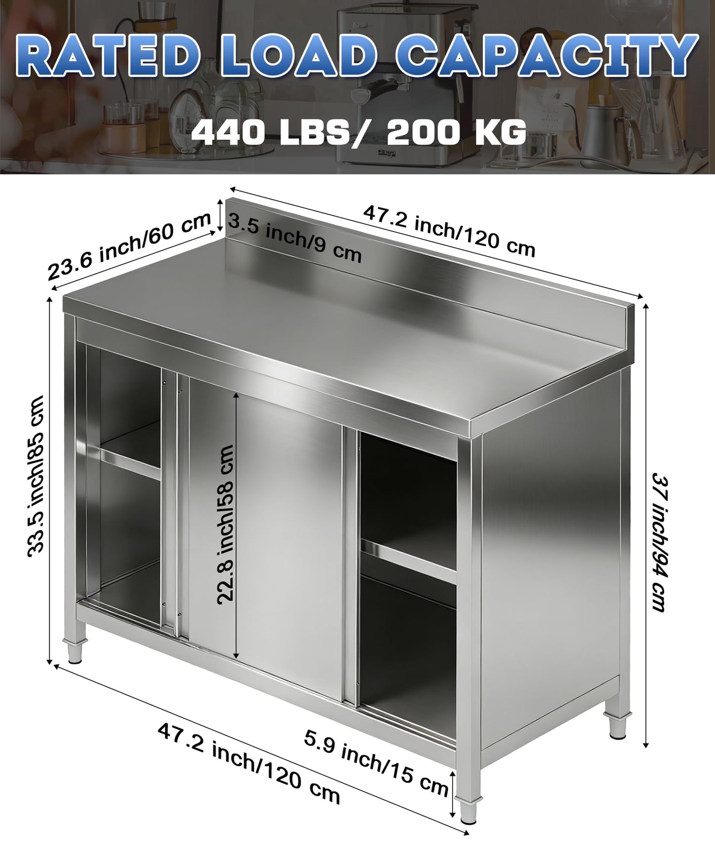 Zumic Stainless Steel Table, Metal Worktable with 2 Shelves, Kitchen Chefs Work Prep Table with Sliding Door, Mesa de Acero Inoxidable for Restaurant, Home, Garage, Laundry