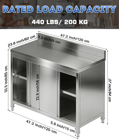 Zumic Stainless Steel Table, Metal Worktable with 2 Shelves, Kitchen Chefs Work Prep Table with Sliding Door, Mesa de Acero Inoxidable for Restaurant, Home, Garage, Laundry