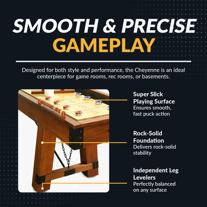 Hathaway Cheyenne 12 Ft Shuffleboard Table for Family Arcade Game Room - with Poly-Coated Playfield, Built-in Scorer & Cabinet, Climate Adjusters, Leg Levelers, 8 Pucks, Brush & Wax – Rustic Oak