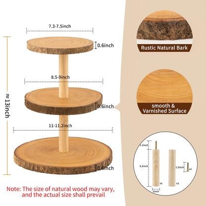 Gusnilo Rustic 3-Tier Wooden Cupcake Stand & Cake Tower – Natural Paulownia Wood Tiered Display for Weddings, Parties, Baby Showers, Holidays (Farmhouse Décor, Handcrafted Bark Design)