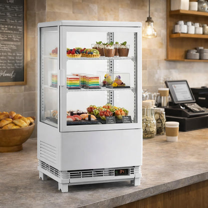 IDEALHOUSE 2.0 Cu.Ft. Countertop Bakery Display Refrigerator with LED Lighting, Rear Sliding Door, Air-Cooling, and Automatic Defrost for Cafes and Restaurants, White