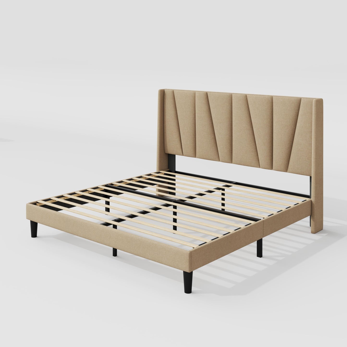 Allewie King Size Platform Bed Frame with Geometric Wingback Headboard, Boho Upholstered Bed with Wooden Slats Support, No Box Spring Needed, Easy Assembly, Beige