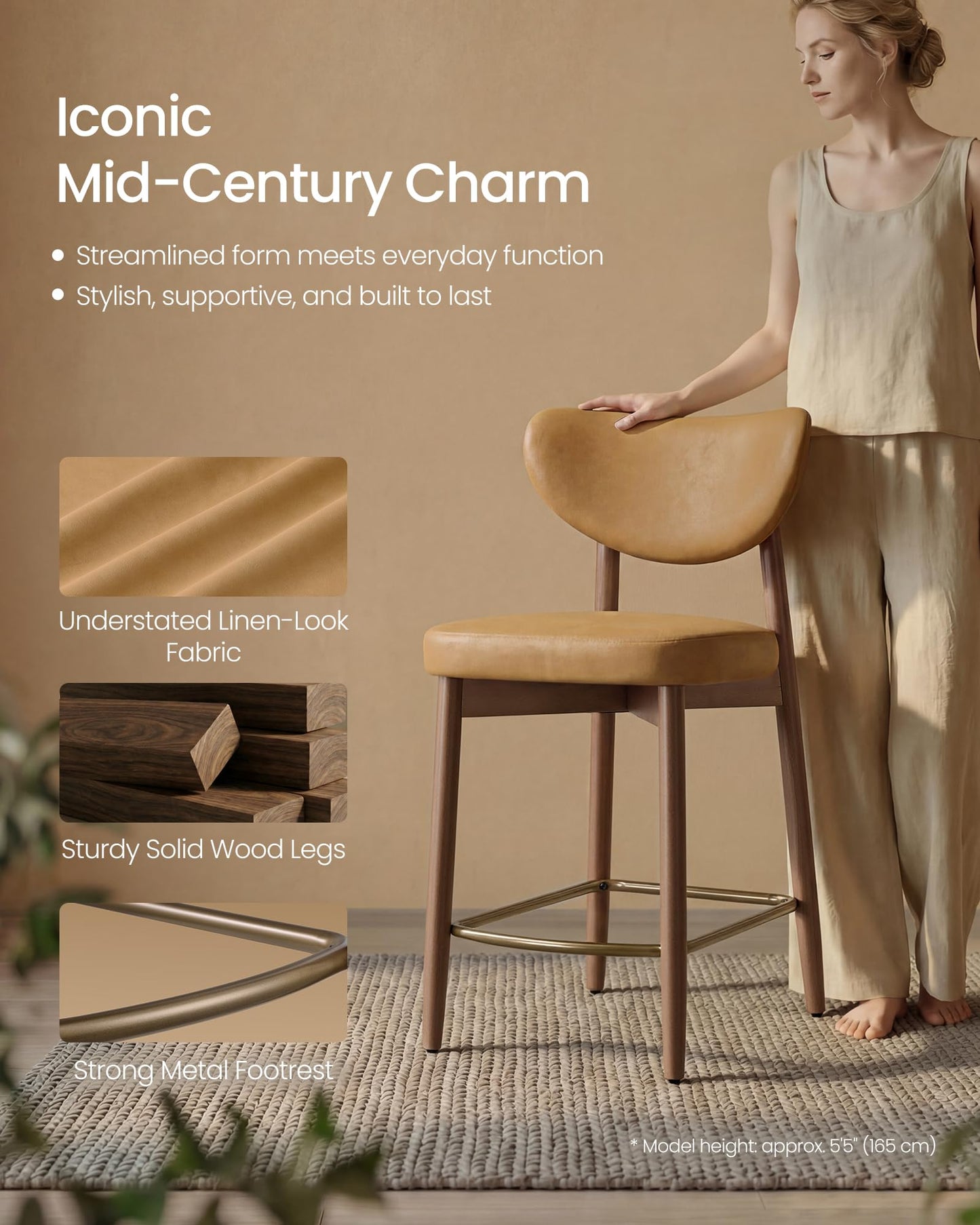 VASAGLE Wooden Bar Stools Set of 4, Upholstered Counter Height Barstools with Solid Wood Legs, Ergonomic Backrest, Mid Century Modern, for Kitchen Island, Synthetic Leather, Caramel Brown