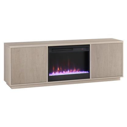 Henn&Hart Fluted TV Stand for TVs up to 75" with 26" Electric Crystal Rocks Fireplace and Ribbed Side Storage Cabinets for Living Room, Family Room, or Office, Beech White