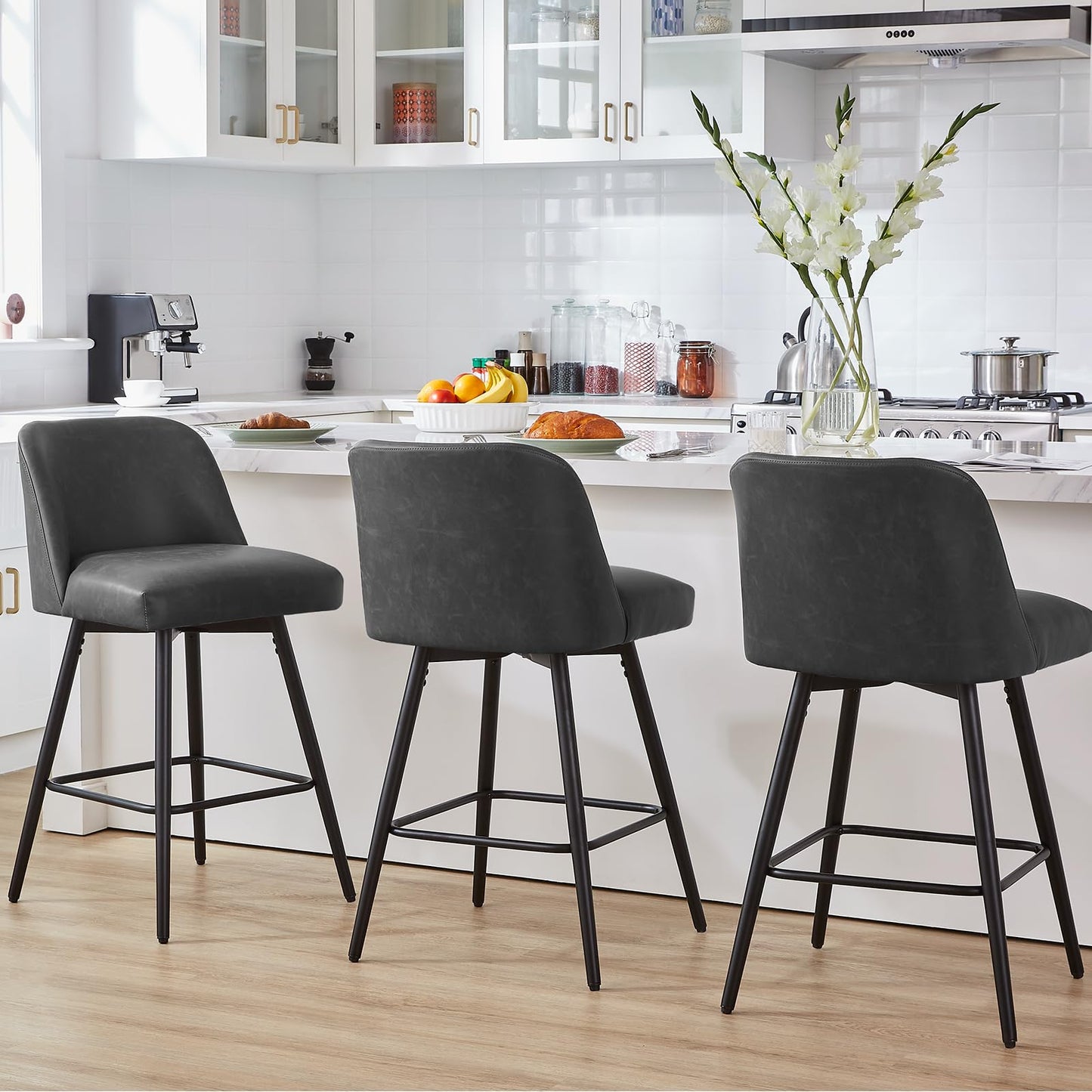Coolazy Counter Height Bar Stools Set of 4,360° Swivel Faux Leather Barstools with High Back 26" H Seat Height (Faux Leather-Grey, 4 Pieces - 26" Counter Height)