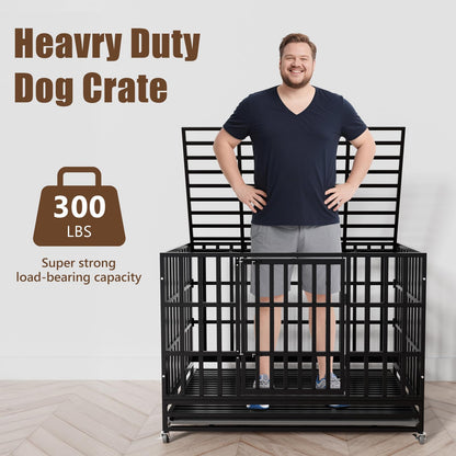 SHUSHIM 48 Inch Heavy Duty Dog Crate Kennel with Wheels, High Anxiety Indestructible Dog Crates for Large Dogs, XL XXL Extra Large Dog Crate with Removable Plastic Tray, Two Locks (Black, Square)