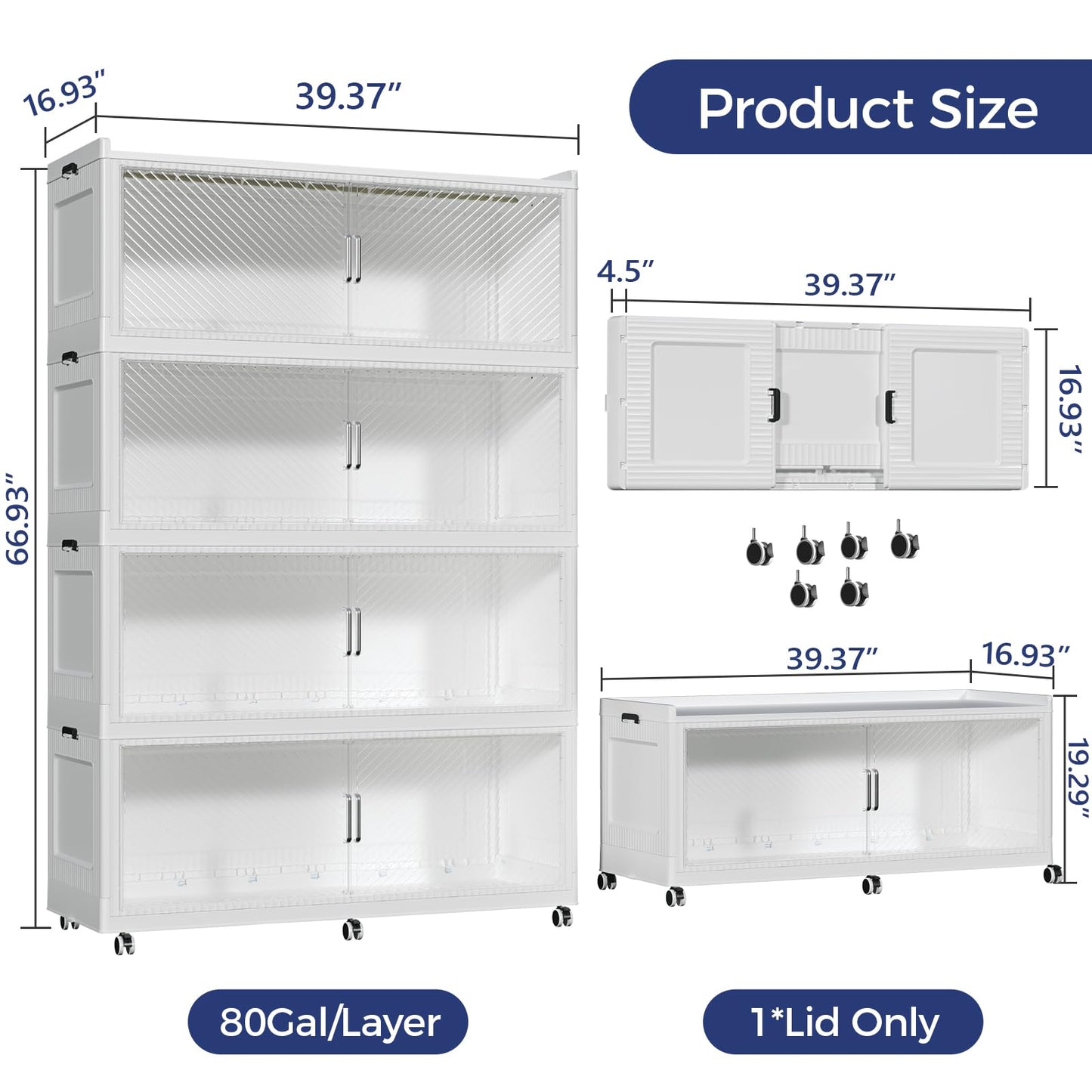 QAVAHIDUS 1280QT Storage Bins with Lid Extra Large Stackable Closet Organizer Plastic Container Box, 320Gal 4-Tier Collapsible Cabinet with Wheels and Doors for Living Room Kitchen Office Dorm, White