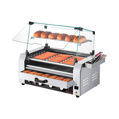 VEVOR Hot Dog Roller, 18 Hot Dog 7 Rollers, Stainless Steel Sausage Grill Cooker, 1200W Hot Dog Machine with Bun Warmer, Cover, 3 Temp Control, Side Storage Box, Oil Drip Tray, for Home & Commercial