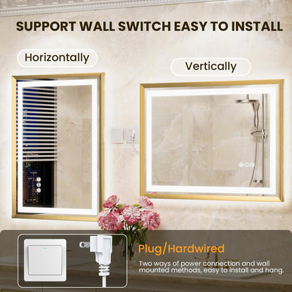 miskerm 55x36 Bathroom Mirror with Lights, Brushed Gold Metal Frame with Backlit + Front Lit, LED Bathroom Mirror, Anti-Fog, Dimmable, Bathroom Vanity Mirror Tempered Glass(Horizontal/Vertical)