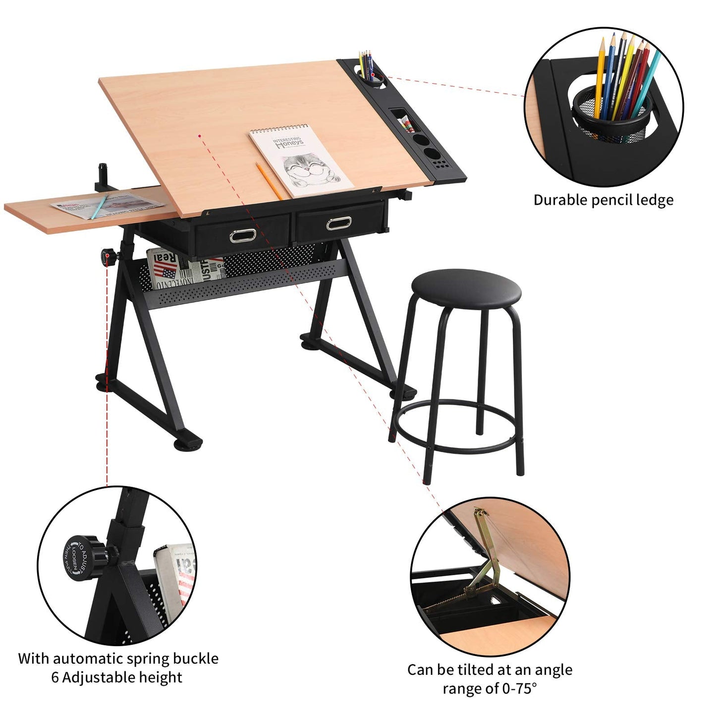Waful Height Adjustable Drafting Draft Drawing Art Table Desk Tiltable Tabletop Art Craft Paintings Work Station Artist Table for w/ 2 Storage Drawer for Reading, Writing Art Craft Work Station