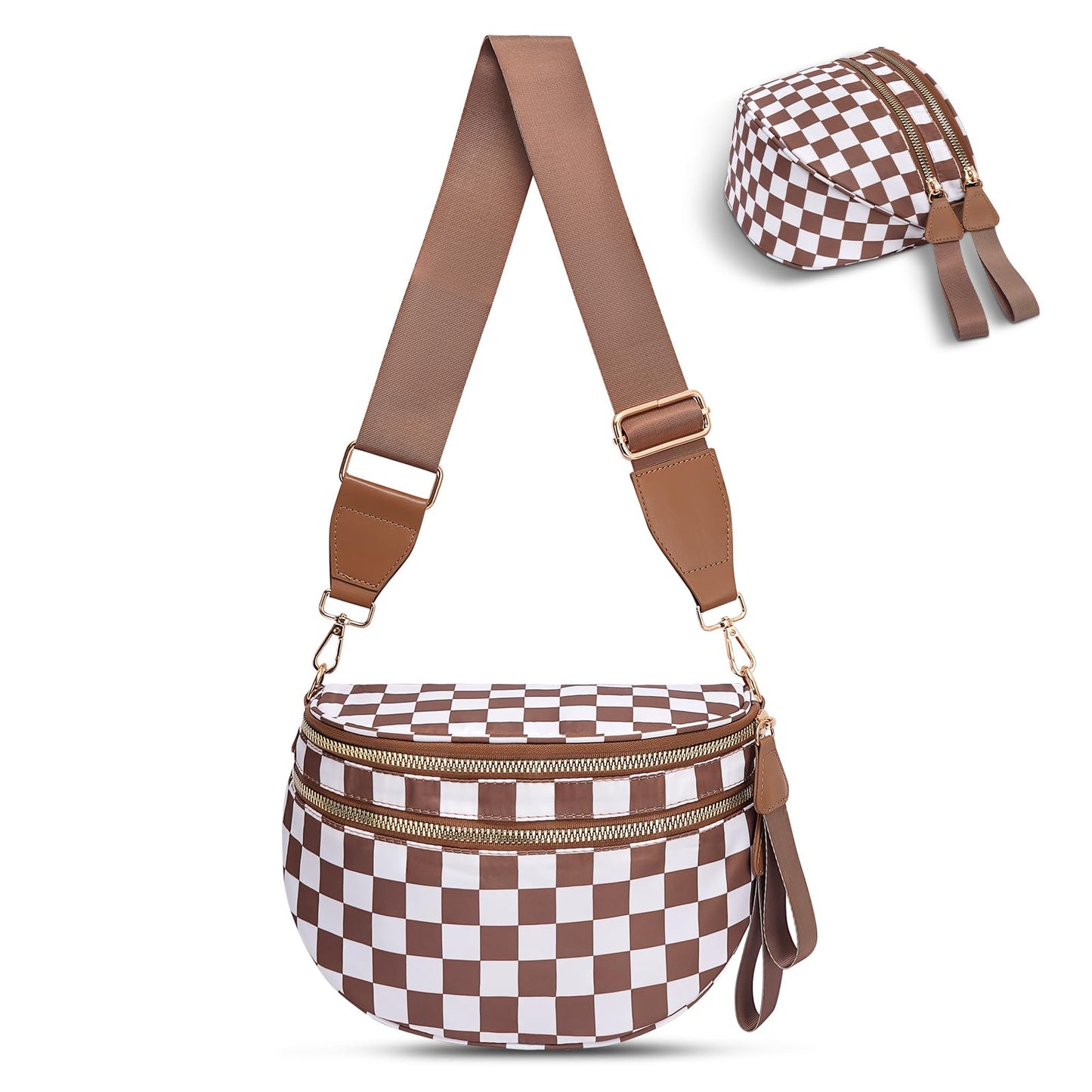 Checkered Crossbody Bag,Nylon Bum Bags for Women Crossbody,Spacious Sling Bag Purse Fanny Packs with Shoulder Strap