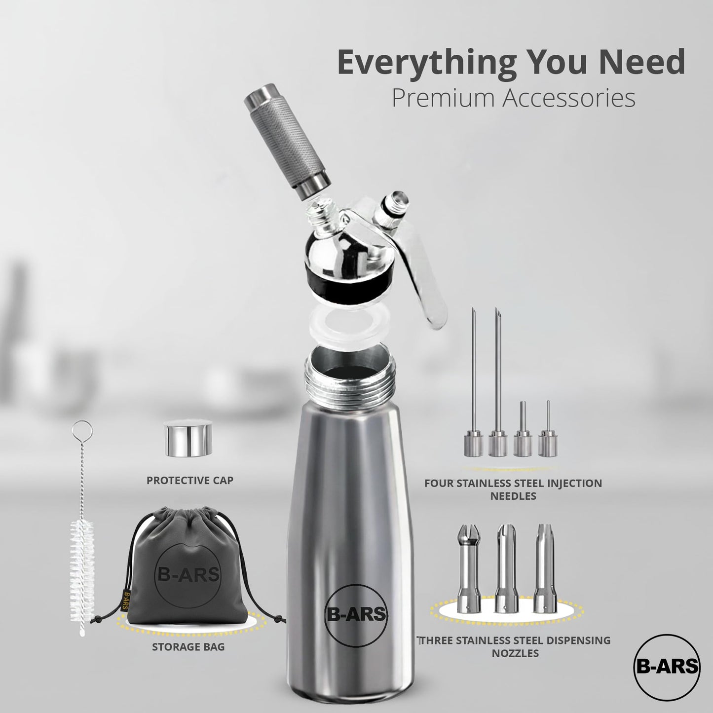 B-ARS Stainless Steel Whipped Cream Dispenser 500 ml Professional Siphon for Fresh Desserts Coffee Mousse Sauce with Nozzles Brush Recipe eBook Reusable Cream Maker for Barista Catering and Chefs Tool