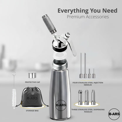 B-ARS Stainless Steel Whipped Cream Dispenser 500 ml Professional Siphon for Fresh Desserts Coffee Mousse Sauce with Nozzles Brush Recipe eBook Reusable Cream Maker for Barista Catering and Chefs Tool