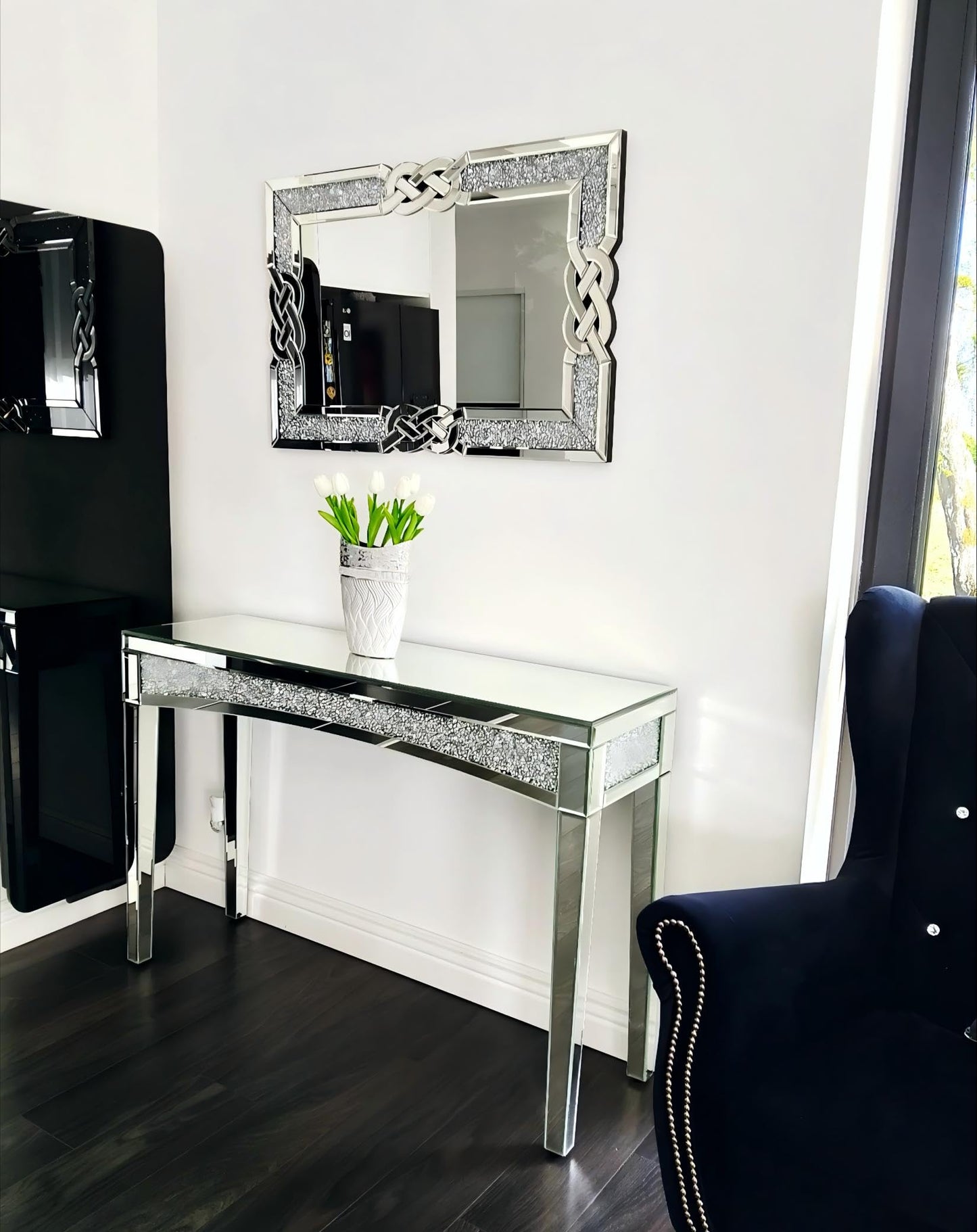Artloge Crushed Diamond Mirror Silver Vanity Rectangular Wall Decor 36x24 inch
