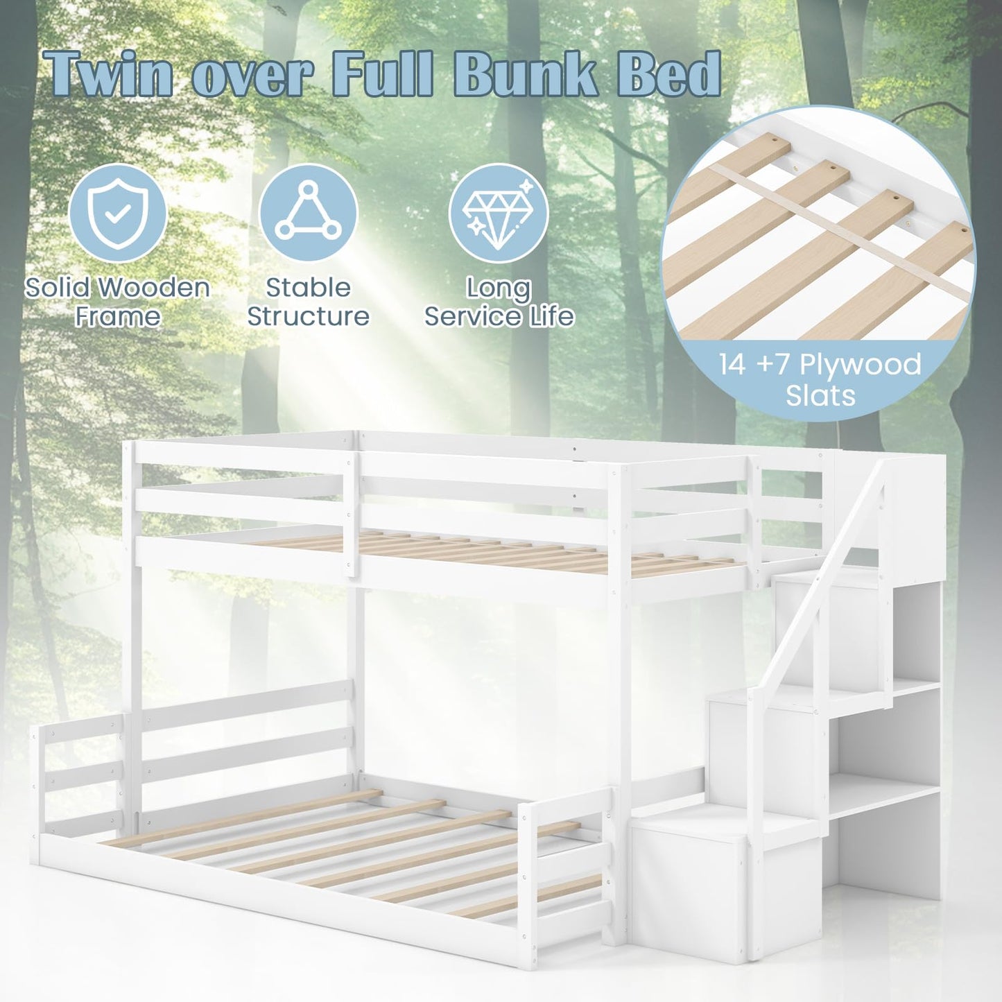 Giantex Twin Over Full Bunk Bed with Stairs, Solid Wood Floor Bunk Bed with Storage Staircase & Full-Length Guardrails, Low Bunk Bed with for Kids, Teens, Adults, Dorm, Small Space, White
