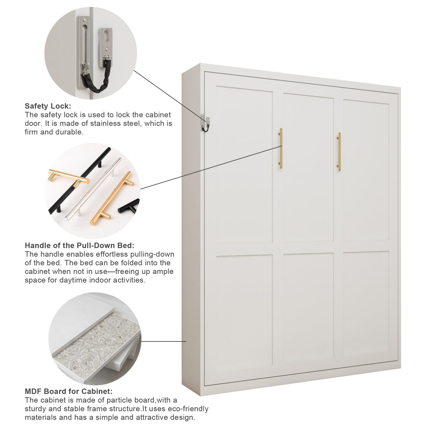 KEIKI Queen Size Vertical Cabinet Murphy Bed with Automatic Leg, Multifunctional Foldable Hideaway Wall Metal Bed Frame with Slats, No Box Spring Needed, Easy Assembly, for Bedroom, Guest Room, White
