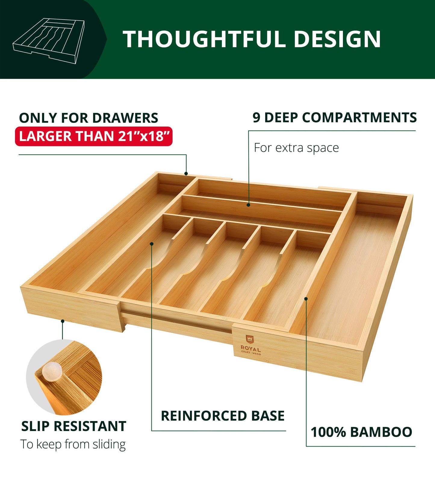 ROYAL CRAFT WOOD Luxury Bamboo Kitchen Drawer Organizer - Silverware Organizer, Utensil Holder & Cutlery Tray Drawer Dividers for Flatware (9 Slot, Natural)