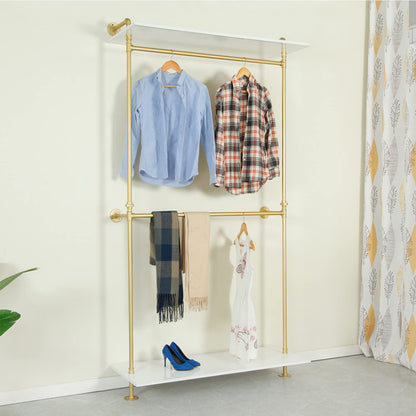 Ethemiable 2-Tier Industrial Metal Pipe Double Hanging Rods Clothing Store Display Stands, Entrance Porch Hanging Garment Rack,Wall Shelf Storage Clothes Shoe Bag (Gold, Only One Shelf 47.2" L)