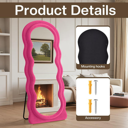 Anpark Full Length Mirror 71"x30" Irregular Wavy Full Body Wall Mounted Floor Mirror with Stand Hot Pink Flannel Frame Leaning Hanging Wall for Bedroom Entrance Hallway
