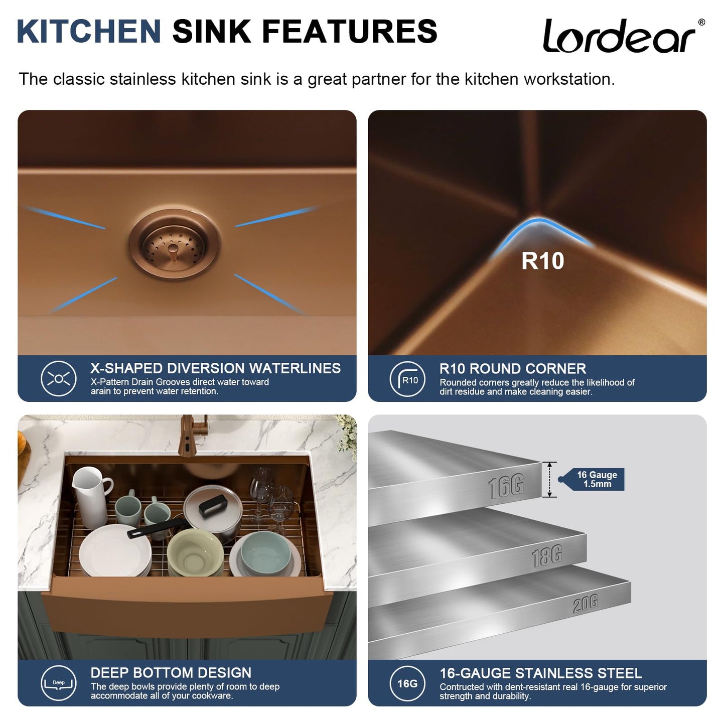 Lordear 33x21Inch Rose Gold Farmhouse Kitchen Sink Workstation SUS304 16-Gauge Stainless Steel Farmhouse Sink Apron Fron Farm Style Undermount Sinks, 33"x21"x10"