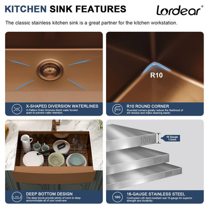 Lordear 33x21Inch Rose Gold Farmhouse Kitchen Sink Workstation SUS304 16-Gauge Stainless Steel Farmhouse Sink Apron Fron Farm Style Undermount Sinks, 33"x21"x10"
