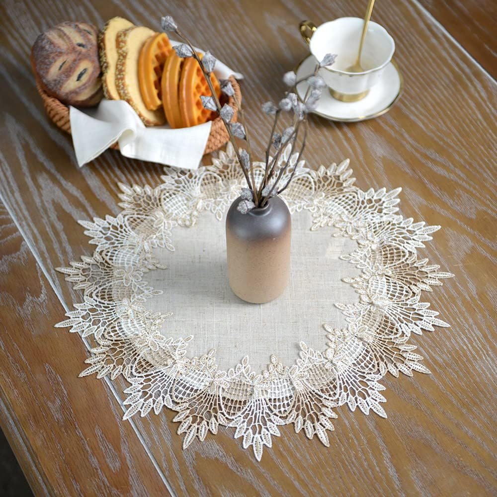 15 Inch ARTABLE Grey Lace Doily Linen Table Topper Scarf Placemat Round Small Coffee Farmhouse Table Cover Rustic