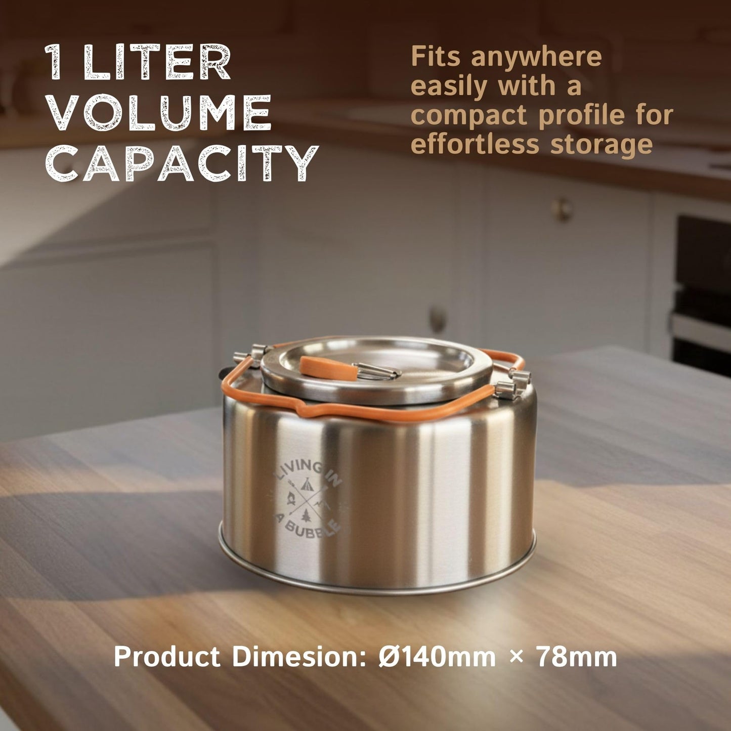 Living in a Bubble Premium 1L Camping Kettle with Strainer – Chef-Grade Stainless Steel – Compact Outdoor Cookware for Camping, Van Life, & Tiny Kitchens