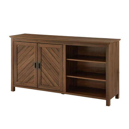 Walker Edison Modern Wood Grooved Buffet Sideboard with Open Storage Entryway Serving Storage Cabinet Doors Dining Room Console, 58 Inch, Dark Walnut