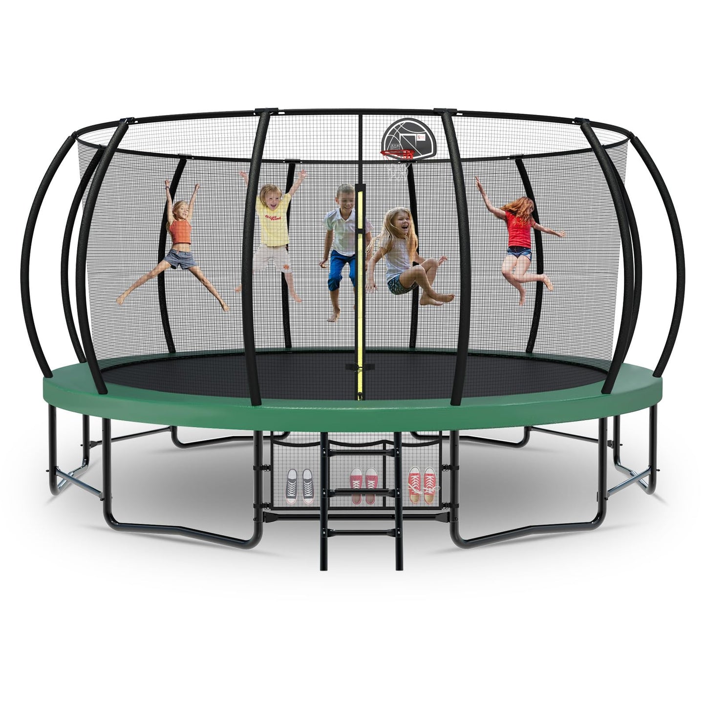 Tatub 16FT Upgrade Pumpkin Trampoline for Kids and Adults, Outdoor Recreational Trampolines with Basketball Hoop & Enclosure Net, Curved Poles & Storage Bag, Green