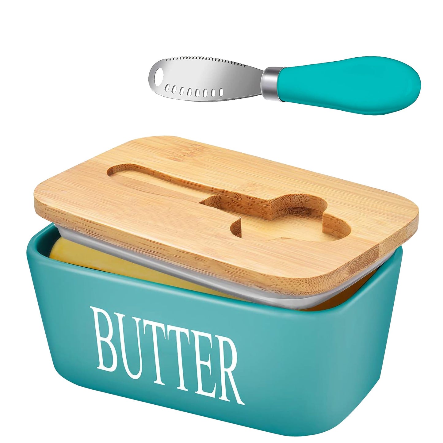 Lovelyduo Large Butter Dish with Lid for Countertop Ceramic Butter Container with Knife Holder Spreader Double Silicone Seals Butte Keeper Rectangle Blue