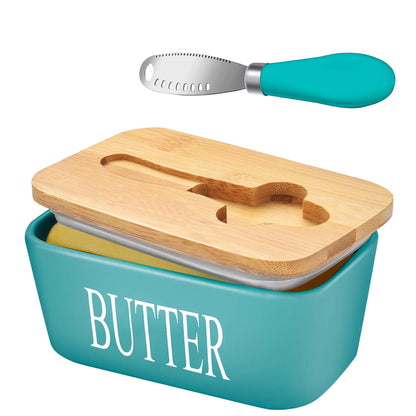 Lovelyduo Large Butter Dish with Lid for Countertop Ceramic Butter Container with Knife Holder Spreader Double Silicone Seals Butte Keeper Rectangle Blue