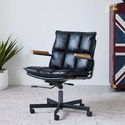 PELLEBAR Home Office Desk Chair, Ergonomic Mid-Century Modern Genuine Leather Chair with Oak Armrest, Executive Rolling Swivel Adjustable Task Armchair for Adults, Black