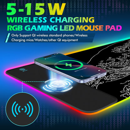 ToLuLu RGB Gaming Wireless Charging Mouse Pad, 5/7.5/10/15W 10 Light Modes LED Mouse Pad Computer Keyboard Mat Mousepad, 800x300x4MM Extended Large Desk Mat for Gaming, MacBook, Laptop, PC, Galaxy